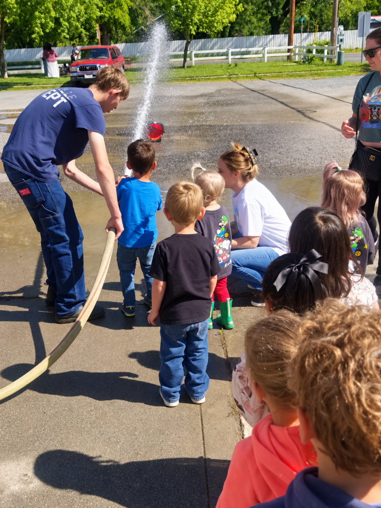 Local children learning about emergency services with Laytonville firefighters.