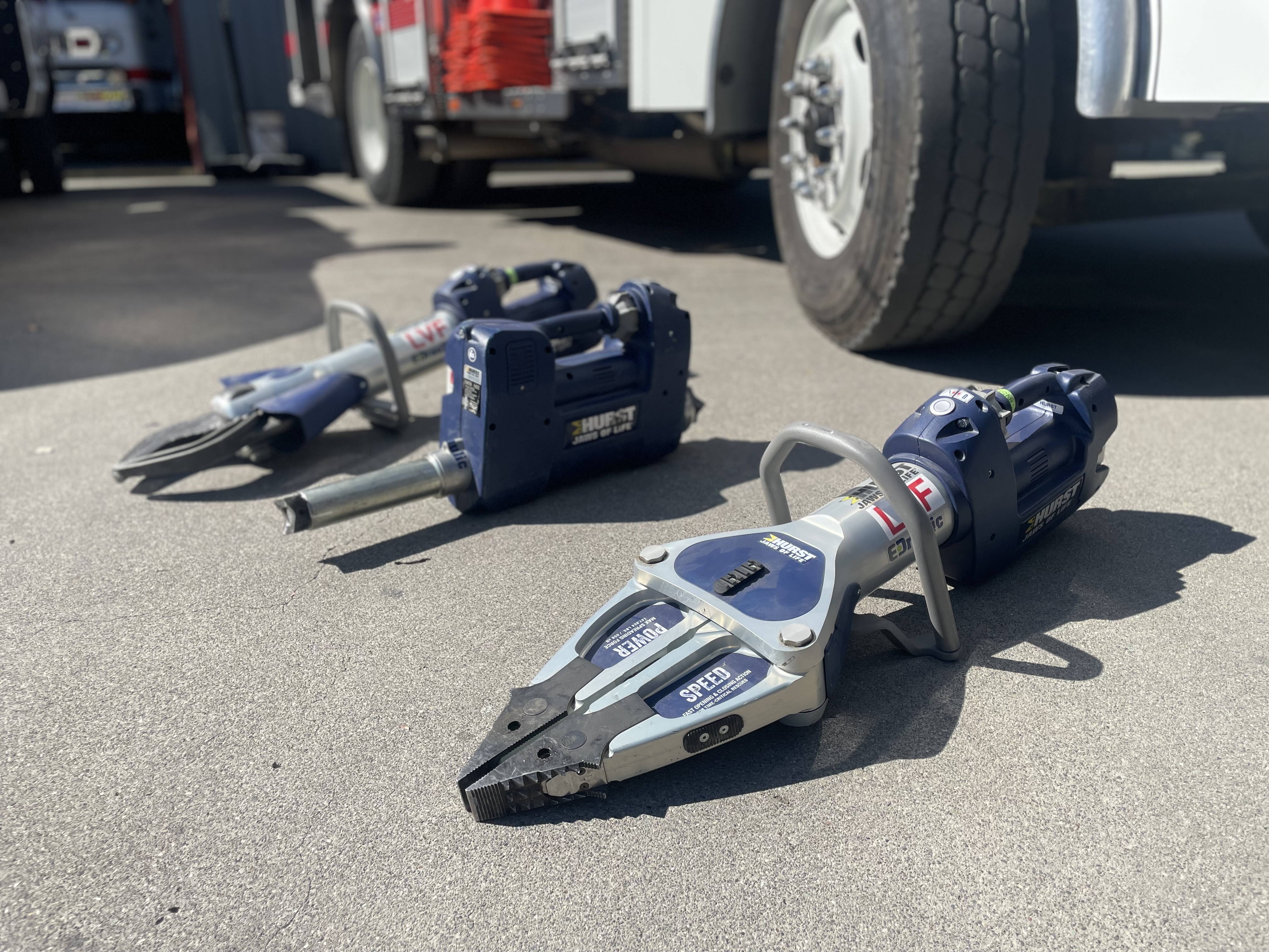 Hydraulic rescue tools staged beside a Laytonville fire engine for training